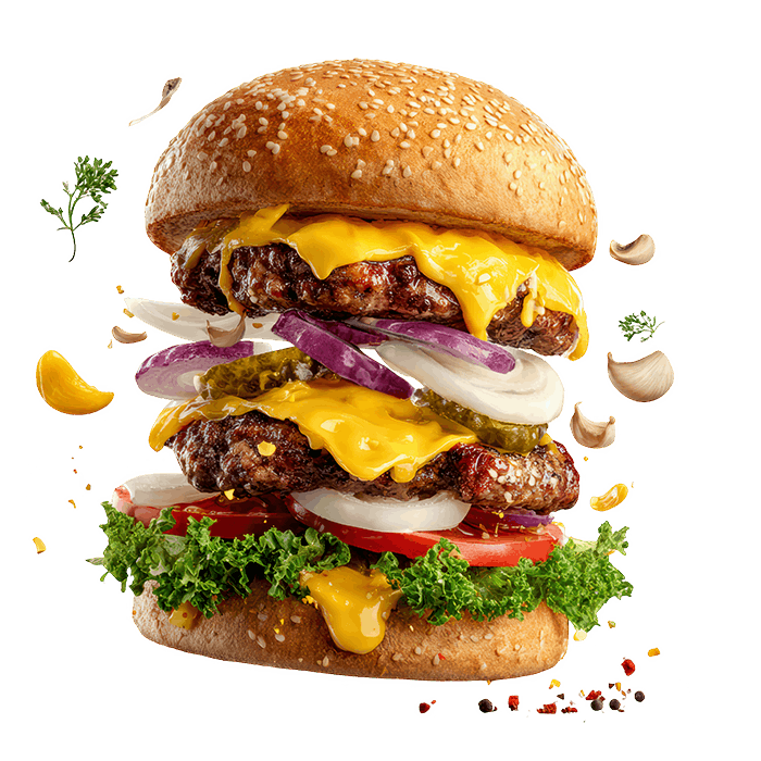 A loaded smash burger with melted cheese, lettuce, tomato and pickles